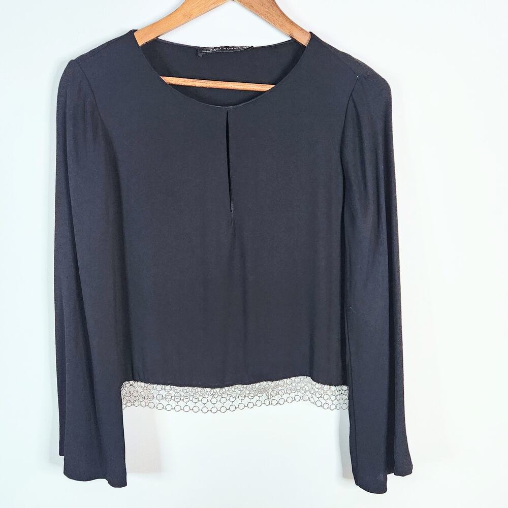 Zara Black Keyhole Long Sleeve Cropped Chain Blouse Size Medium Grunge Edgy